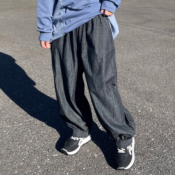 【2026新作】デニム裾スモッキングパンツ　ロング　ワイド　イージー　春　夏　秋　冬　ゆったり