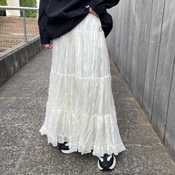 【2026新作】ティアードスカート　ゆったり　楽ちん　ロング　春夏秋冬　チュール　シアー　透け