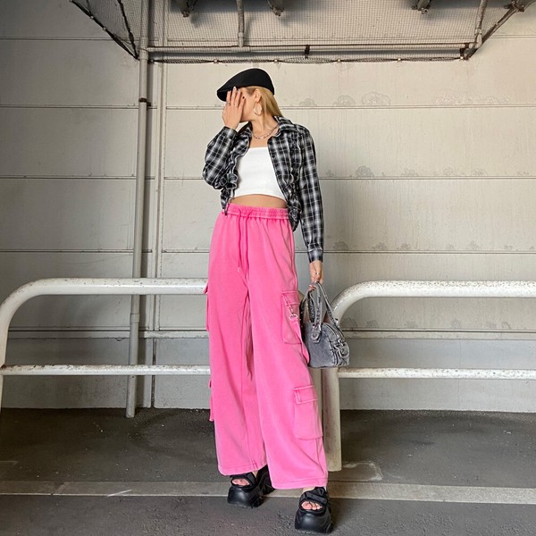 【2026新作】ブリーチカットカーゴパンツ　スウェットパンツ　2WAY　サイドループ　ウォッシュ　無地