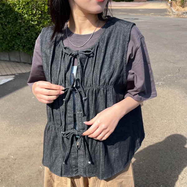 【2026新作】デニムリボンベスト　ゆったり　ワイド　レイヤード　春　夏　秋　冬　重ね着　楽ちん