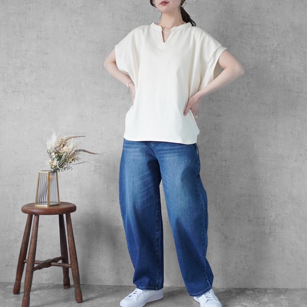 【2026SS早割】天竺キーネックフレンチスリーブTシャツ ラウンドヘム 半袖 トップス 2026春夏新作【】