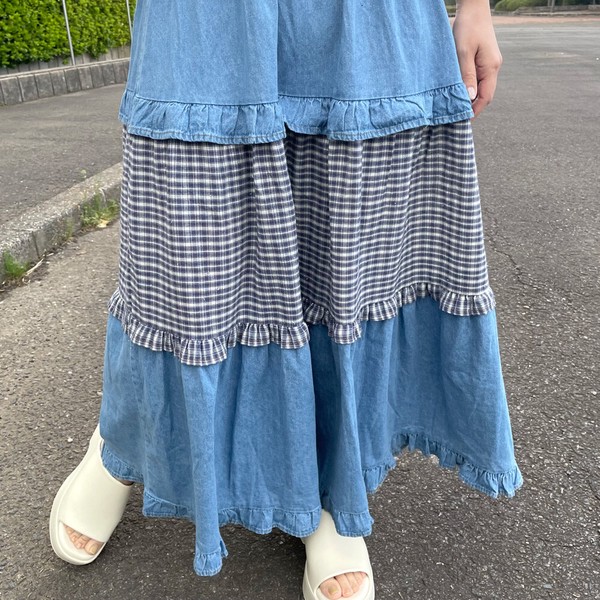 【2026新作】デニムチェック切替スカート　フリル　ロング　フレア　大人　オールシーズン　ギンガム
