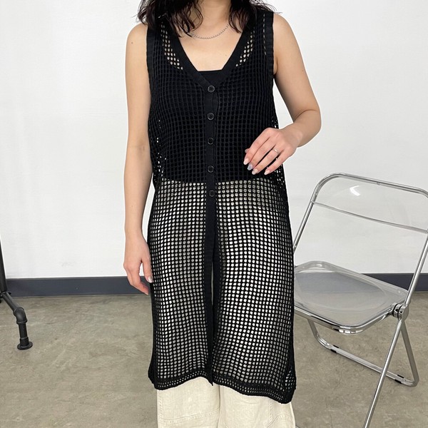 【2026新作】メッシュボタンジレ　ニット　ノースリーブ　ベスト　羽織り　ゆったり　ワイド　春夏
