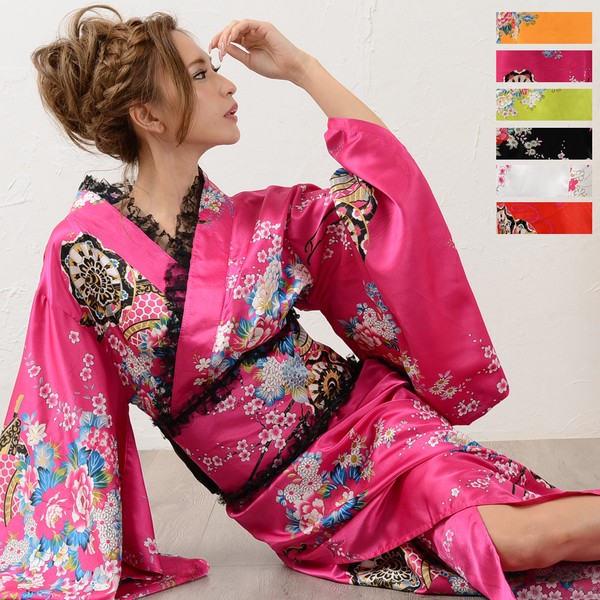 【SALE】1004レースフリルリボン付きサテン花魁着物ドレス キャバドレス コスプレ