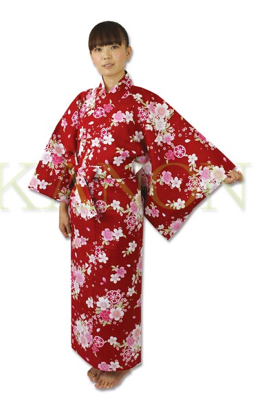 彩りゆかた「桜づくし」変り織り浴衣！赤55"/58"【日本のお土産/外人向け/旅館浴衣/イベント】