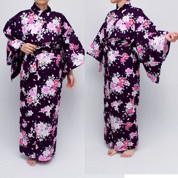 彩りゆかた「桜づくし」変り織り浴衣！紫55”/58”【日本のお土産/外人向け/旅館浴衣/イベント】