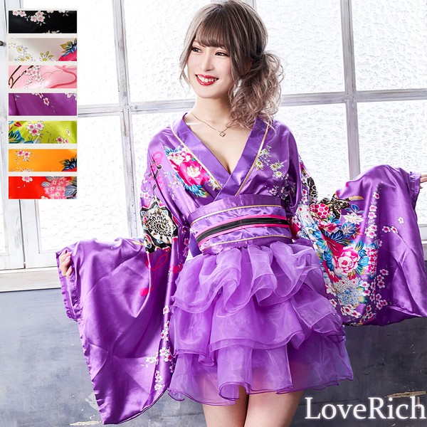 1050サテン和柄豪華花魁ミニ着物ドレス 和柄 よさこい 花魁 コスプレ キャバドレス
