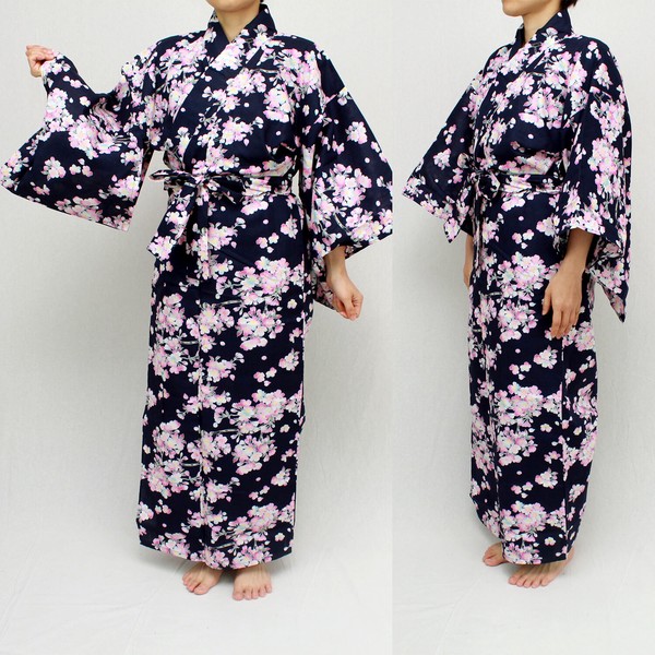 彩りゆかた「枝桜」変り織り浴衣！紺55"/58"【日本のお土産/外人向け/旅館浴衣/イベント】
