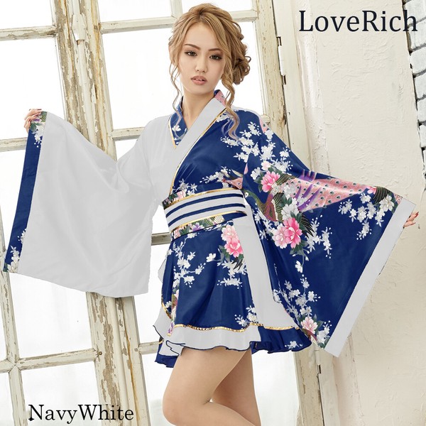 【再入荷】1016配色孔雀柄フリルミニ着物ドレス 和柄 衣装 よさこい 花魁 コスプレ キャバドレス