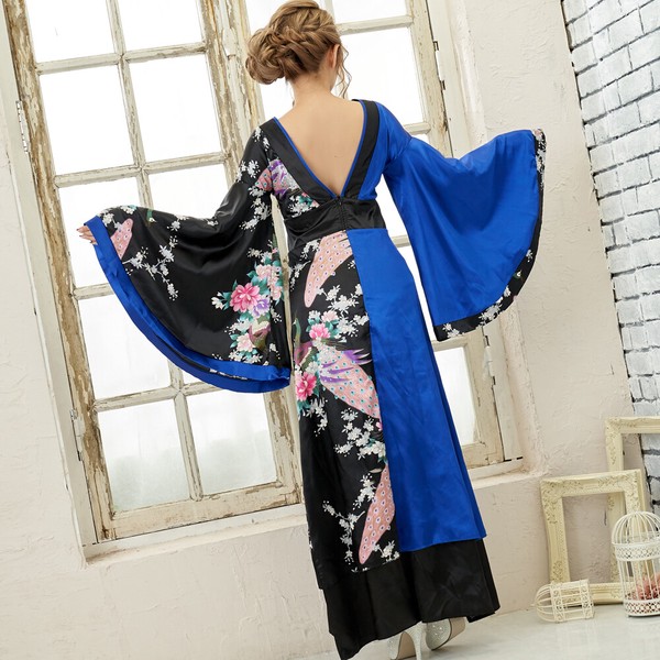 【再入荷】1084ツートンカラー孔雀和柄ロング着物ドレス 衣装 ダンス よさこい 花魁 コスプレ キャバドレス