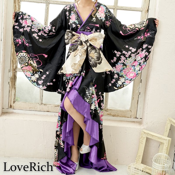 0680サテン和柄フリルロング着物ドレス 衣装 よさこい 花魁 コスプレ キャバドレス